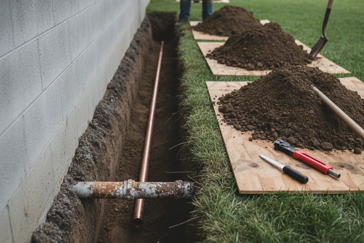 Excavated water line trench during Water Softener Installation in Zion